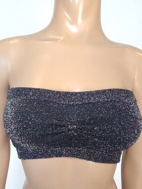 bebe Metallic Sparkle Bandeau Bra Top Black Silver Ruched Tube Top Medium Large